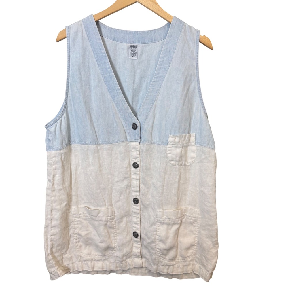 Vintage 100% Linen Vest Medium Blue White Oversized Button Front Lagenlook